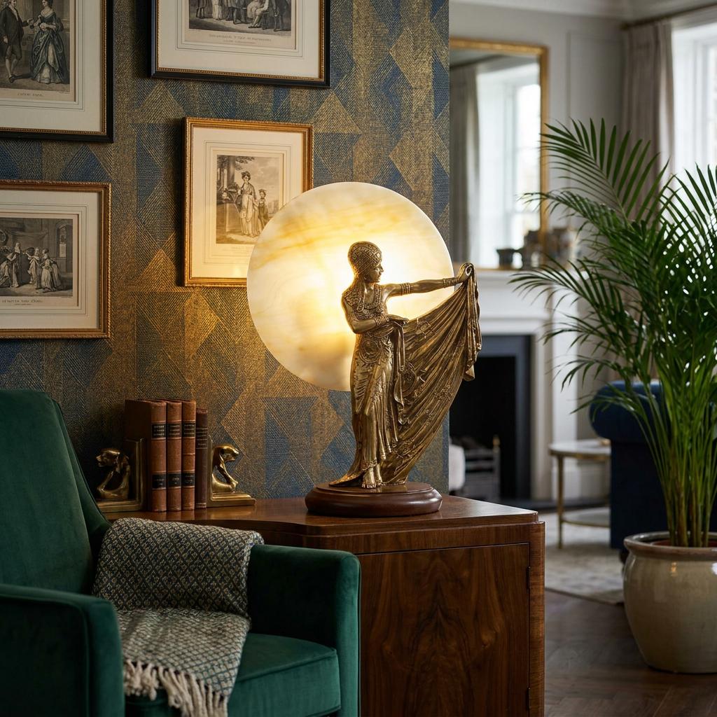 Art Deco table lamp featuring a golden dancer figure before a glowing alabaster disc on a wooden sideboard.