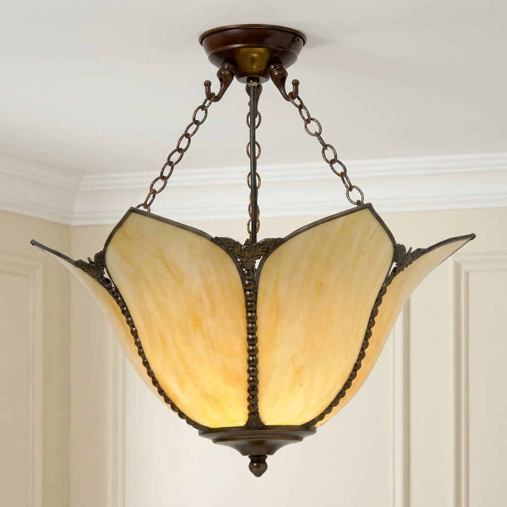 Amber-toned Kansa Topkapi inverted Tiffany ceiling light with bronze chain suspension against a neutral wall.