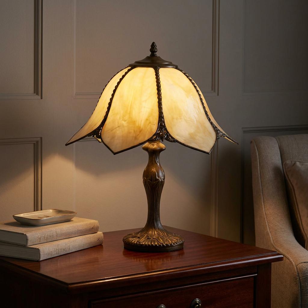 A Topkapi Tiffany lamp with a scalloped cream glass shade glows on a dark wood table next to books.
