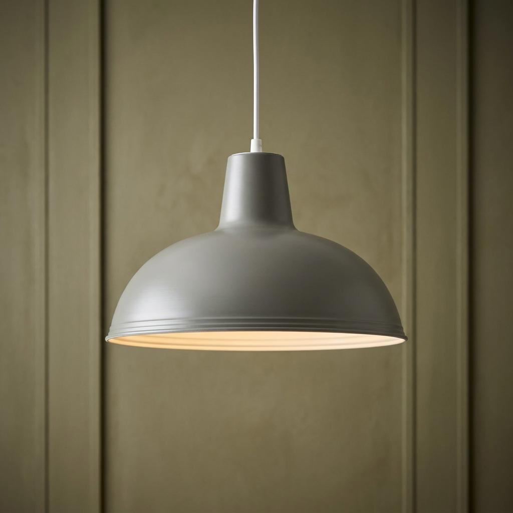 Kanya soft grey pendant ceiling light hanging against a paneled green wall.