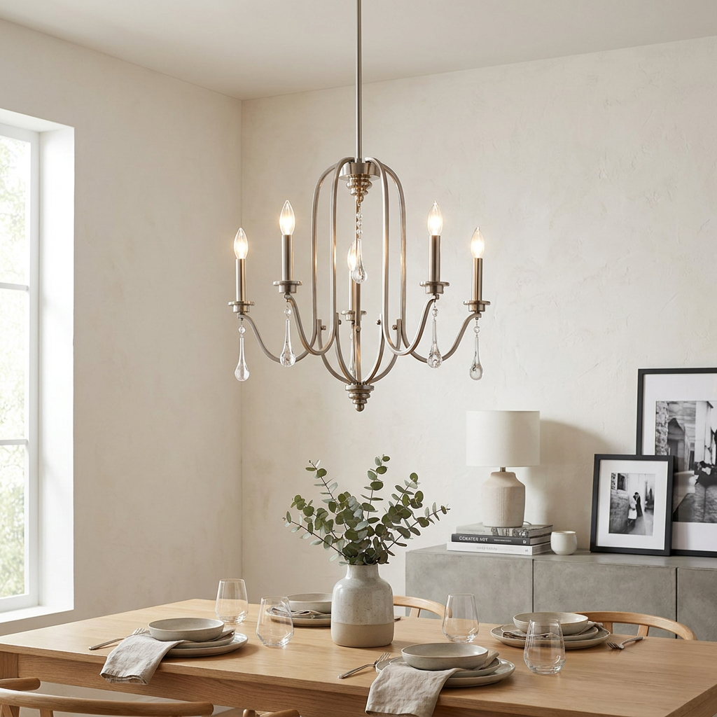 Karlee 5-light pewter chandelier with crystal droplets hanging above a minimalist wooden dining table.