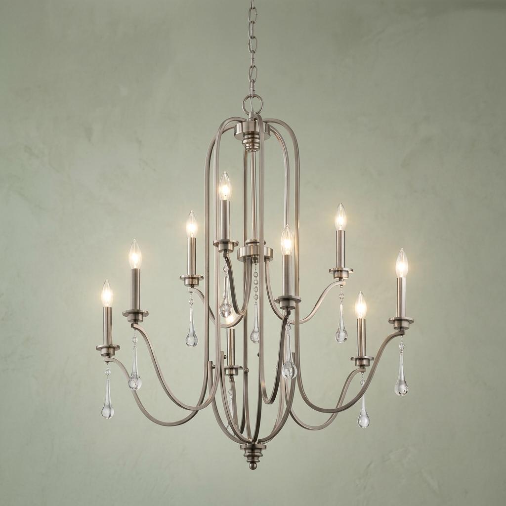 Karlee nine-light pewter chandelier with graceful arched arms and crystal teardrops against a sage wall.