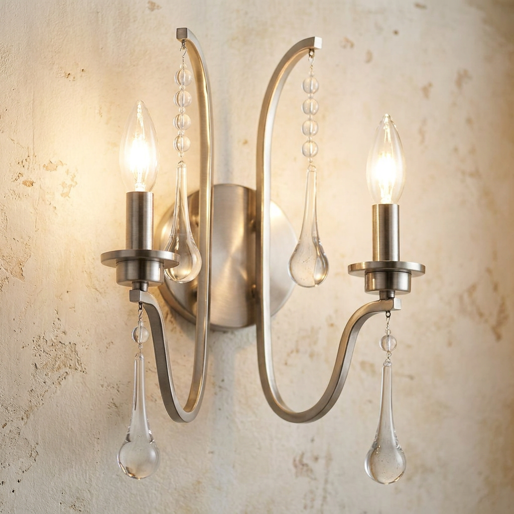 Karlee Double Pewter Wall Light with two glowing candle bulbs and hanging glass crystals on a neutral textured wall.