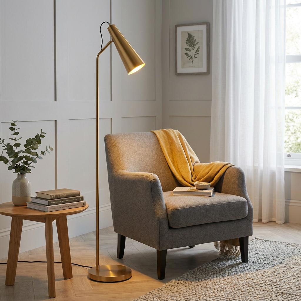 Industrial gold floor lamp with a conical shade illuminating a cozy reading nook with a grey armchair.