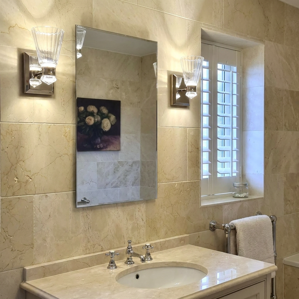 Two Kayva dual-lit LED wall lights with ribbed glass shades flank a mirror in a marble-tiled bathroom.