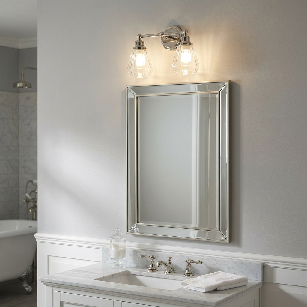 Chrome two-arm wall light with clear glass shades mounted above a mirrored vanity in a neutral bathroom.