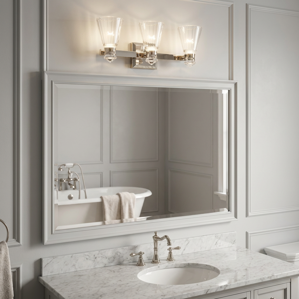 Kayva LED 3-arm dual-lit wall light with ribbed glass shades mounted above a mirror in a grey paneled bathroom.