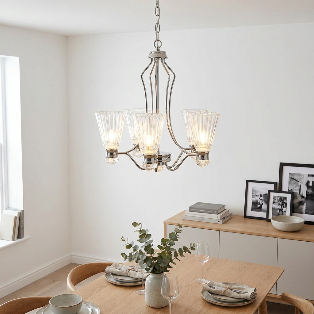 Kayva LED 9-light chandelier with polished chrome arms and fluted glass shades over a modern dining table.