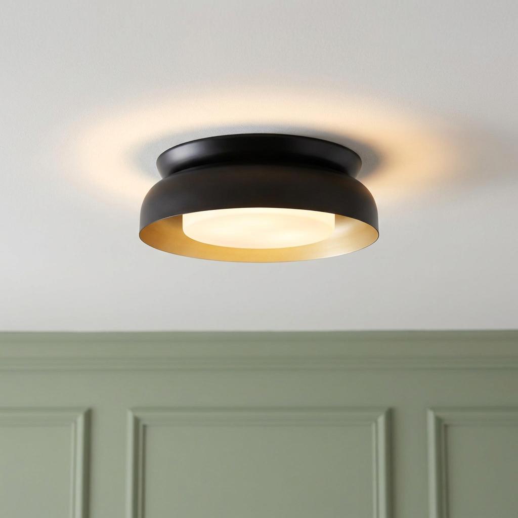 A black and gold flush mount ceiling light with a frosted diffuser glowing against a white ceiling.