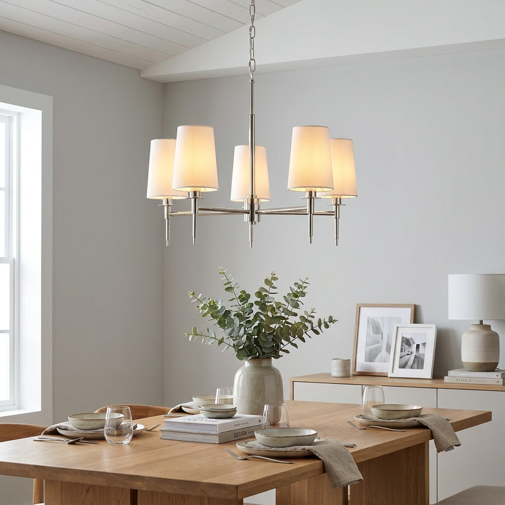 A Kensington 5 light nickel pendant with white fabric shades hanging over a wooden dining table in a neutral room.