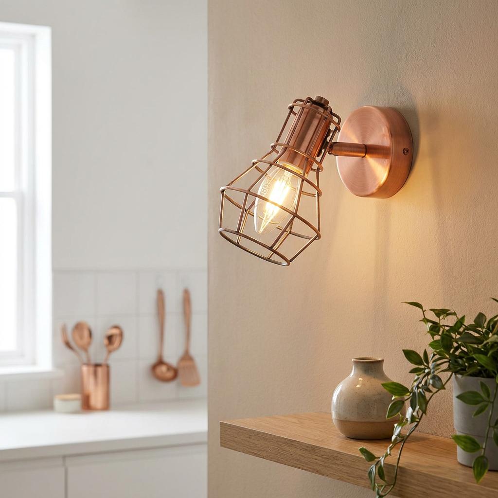 Industrial copper caged wall spotlight with a warm bulb mounted on a neutral wall above a wooden shelf.