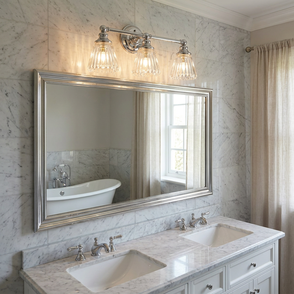 Three-light polished chrome wall light with ribbed glass shades mounted above a mirror in a marble tiled bathroom.