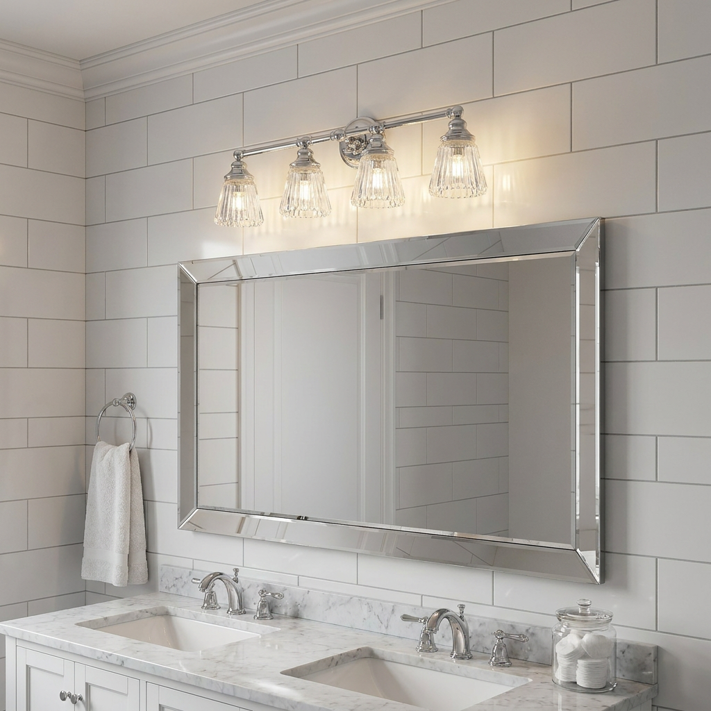 Polished chrome 4-light wall fixture with fluted glass shades mounted over a large mirror in a tiled bathroom.