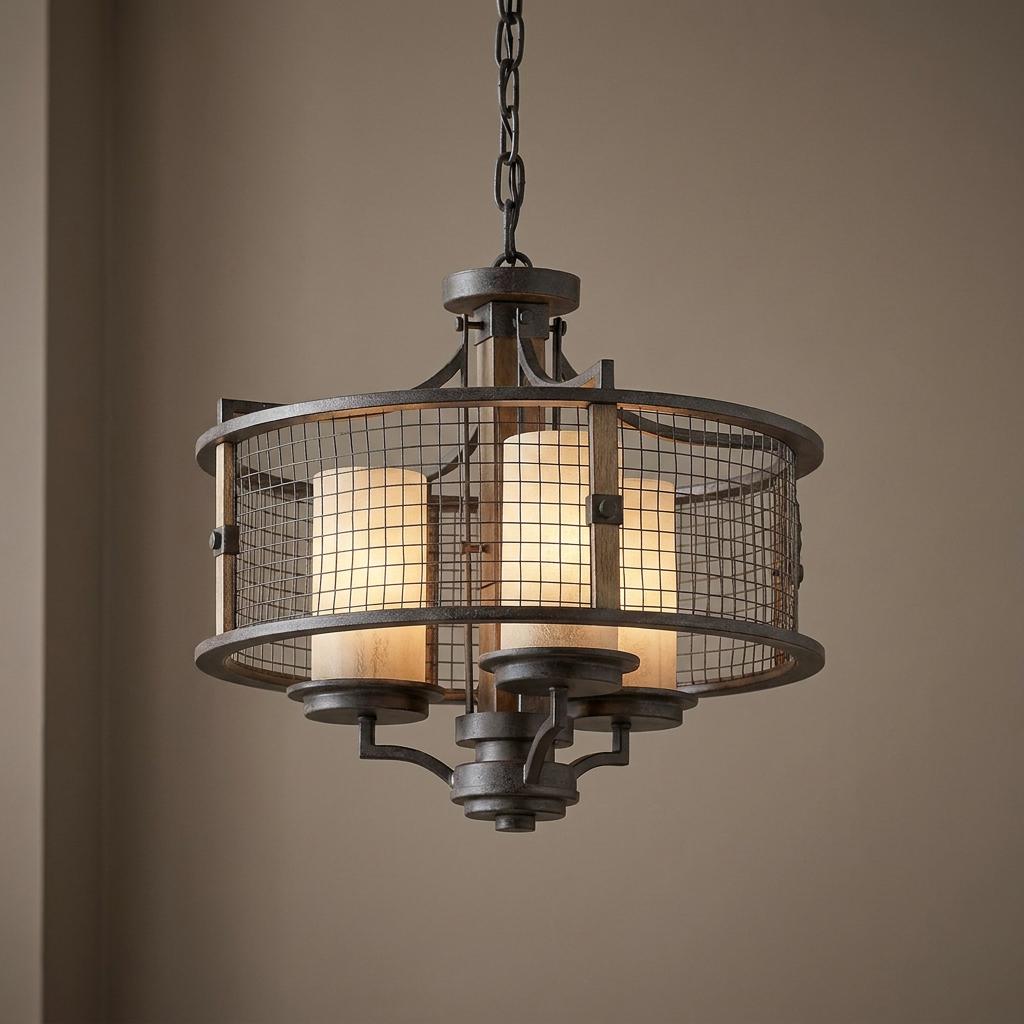 Industrial 3-light chandelier with mesh cage, wood accents, and frosted glass shades against a brown wall.