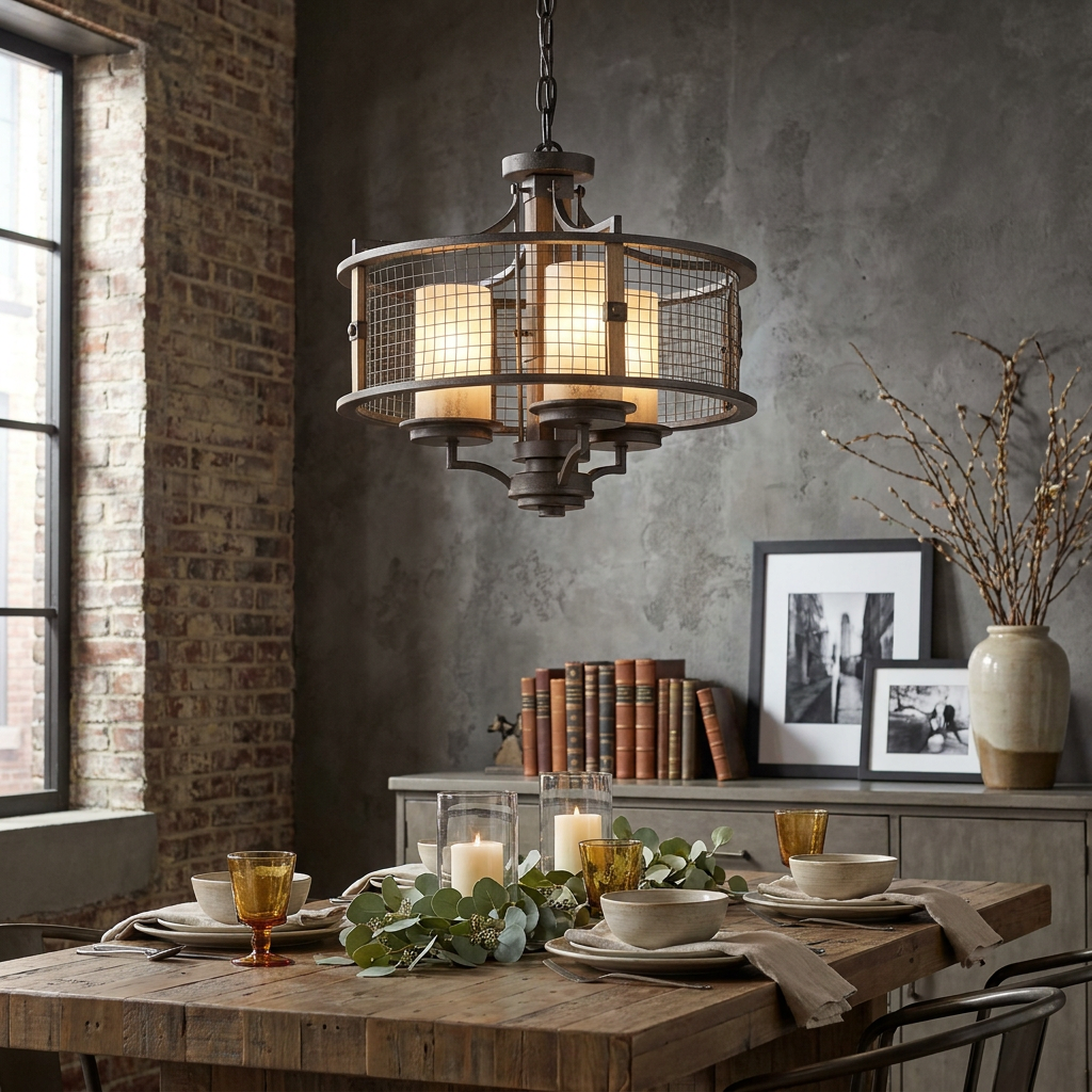 Rustic 3-light anvil iron chandelier with wooden accents and mesh cage hanging over a set wooden dining table.