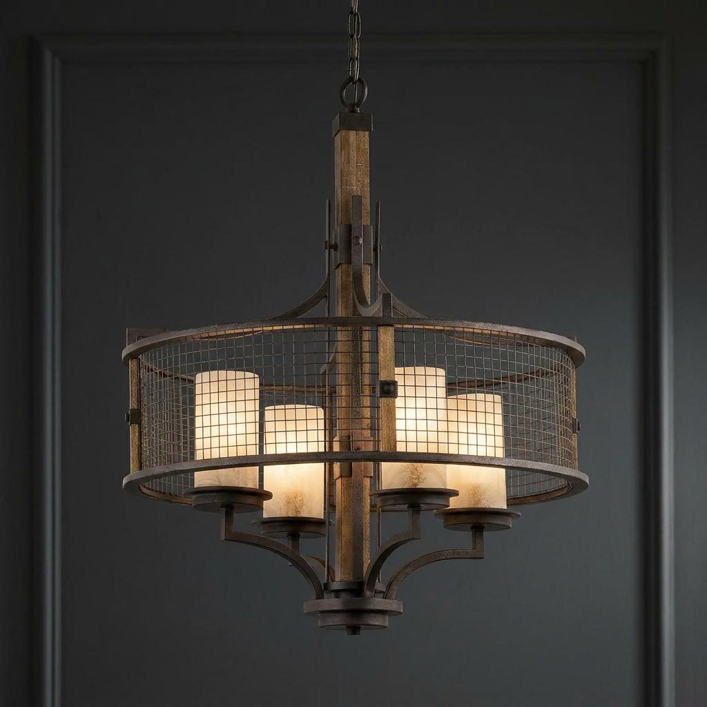 Rustic Kichler Ahrendale 4-light chandelier with anvil iron and wood accents against a dark paneled wall.