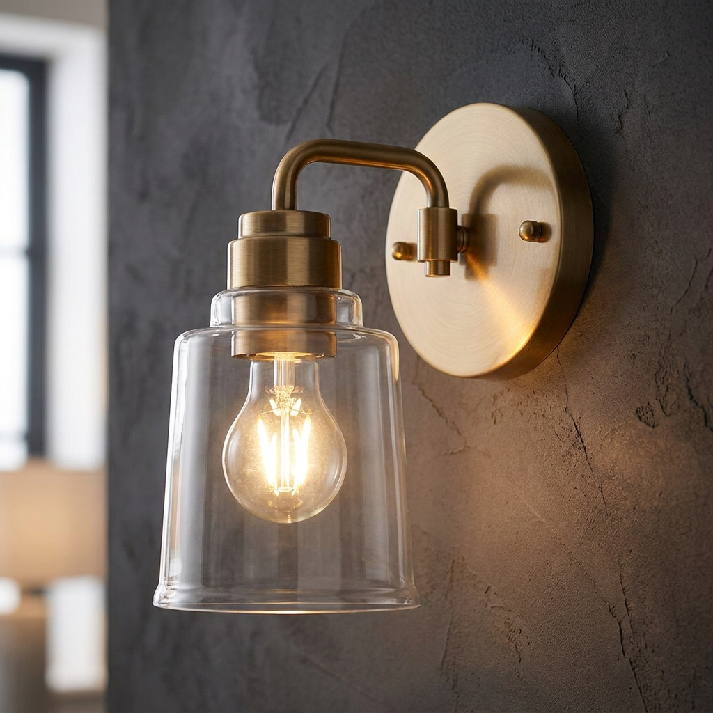 Kichler Aivian single-light brass wall sconce with a clear glass shade mounted on a textured dark wall.