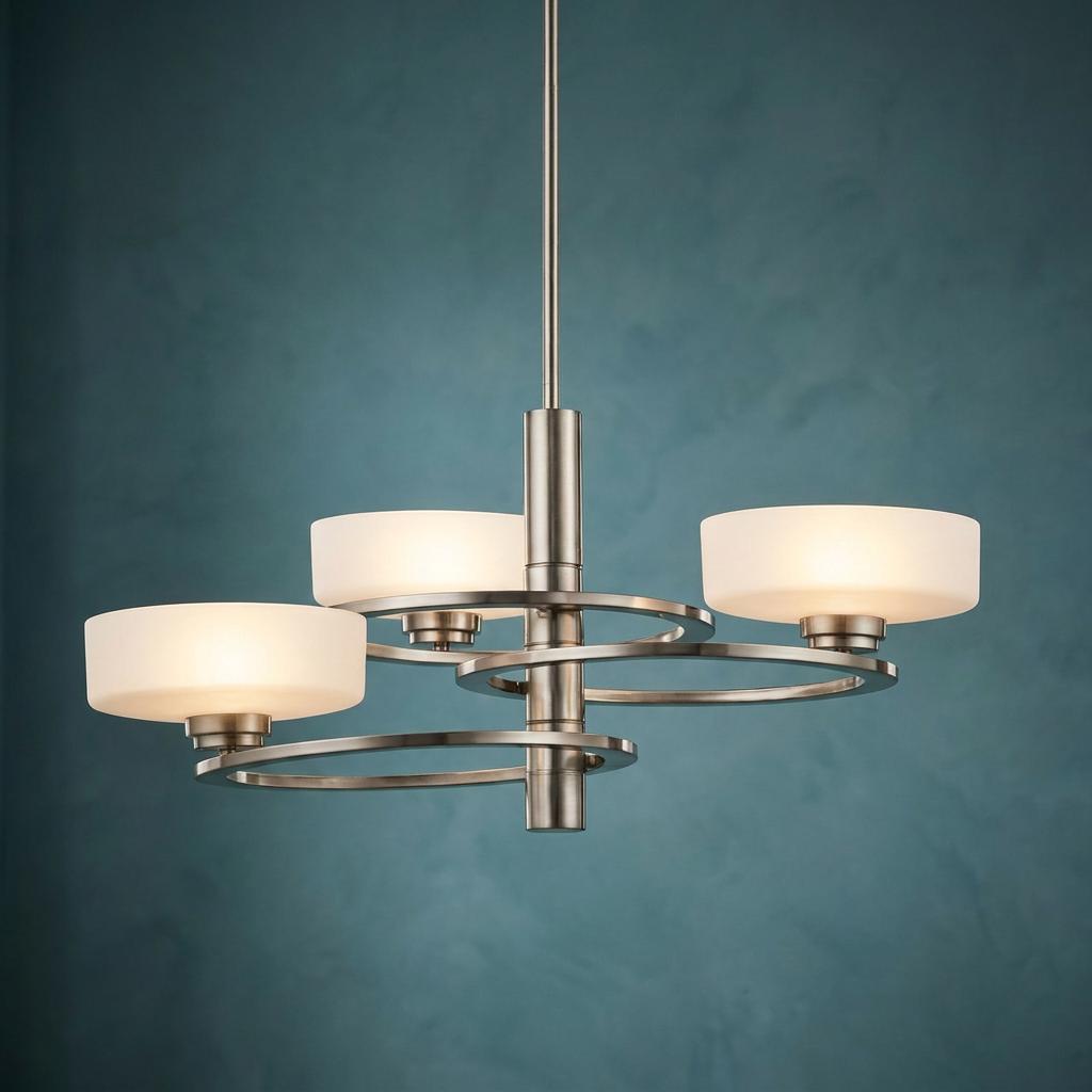 Aleeka 3-light pewter chandelier featuring frosted opal glass shades and celestial concentric rings.