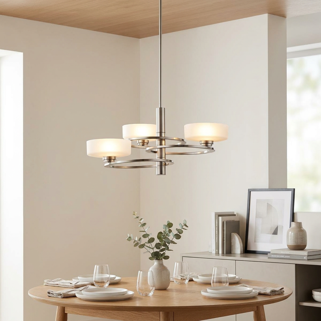Aleeka 3-light pewter chandelier with frosted glass shades hanging above a modern wooden dining table.