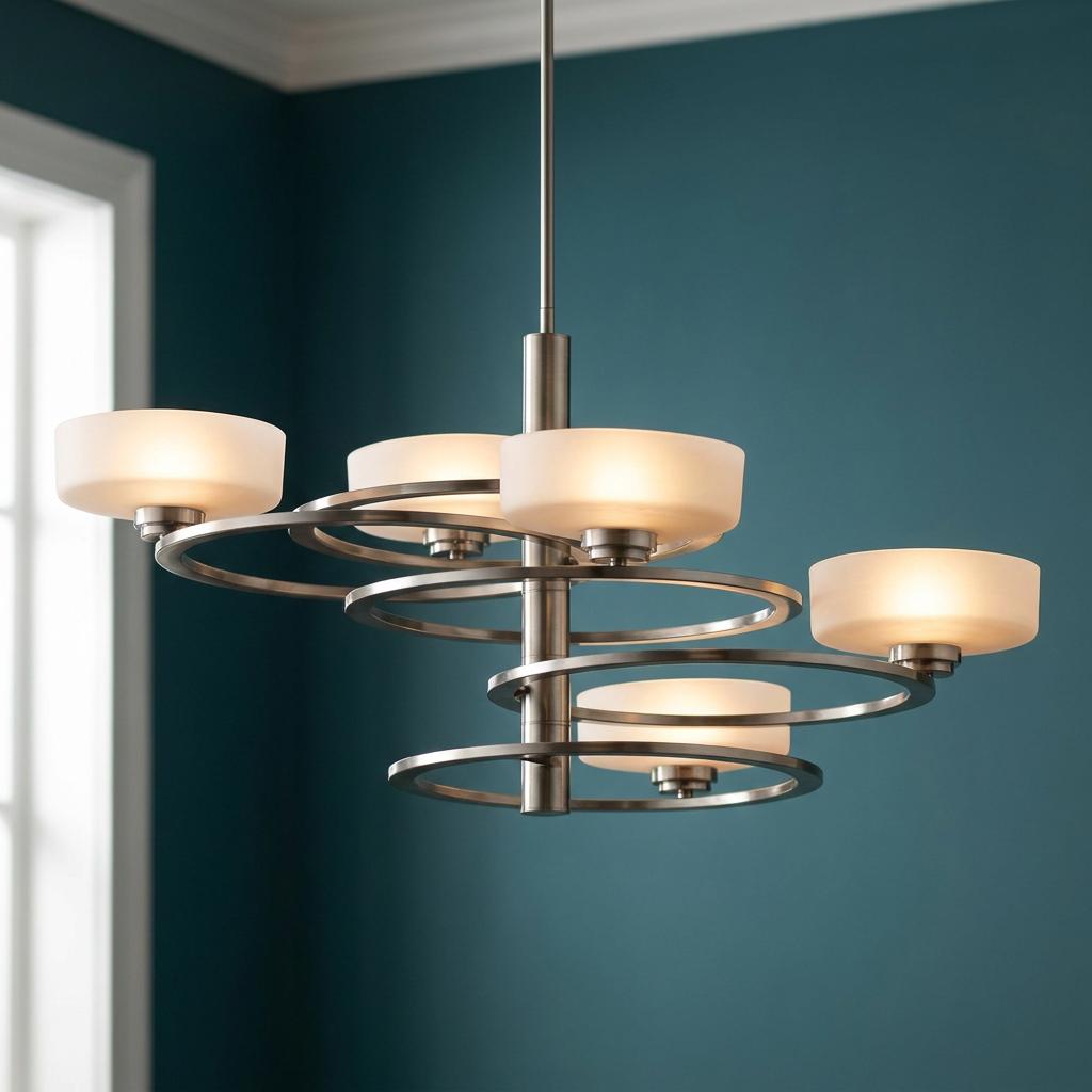 Modern pewter chandelier with five frosted glass shades arranged on concentric orbital rings against a teal wall.