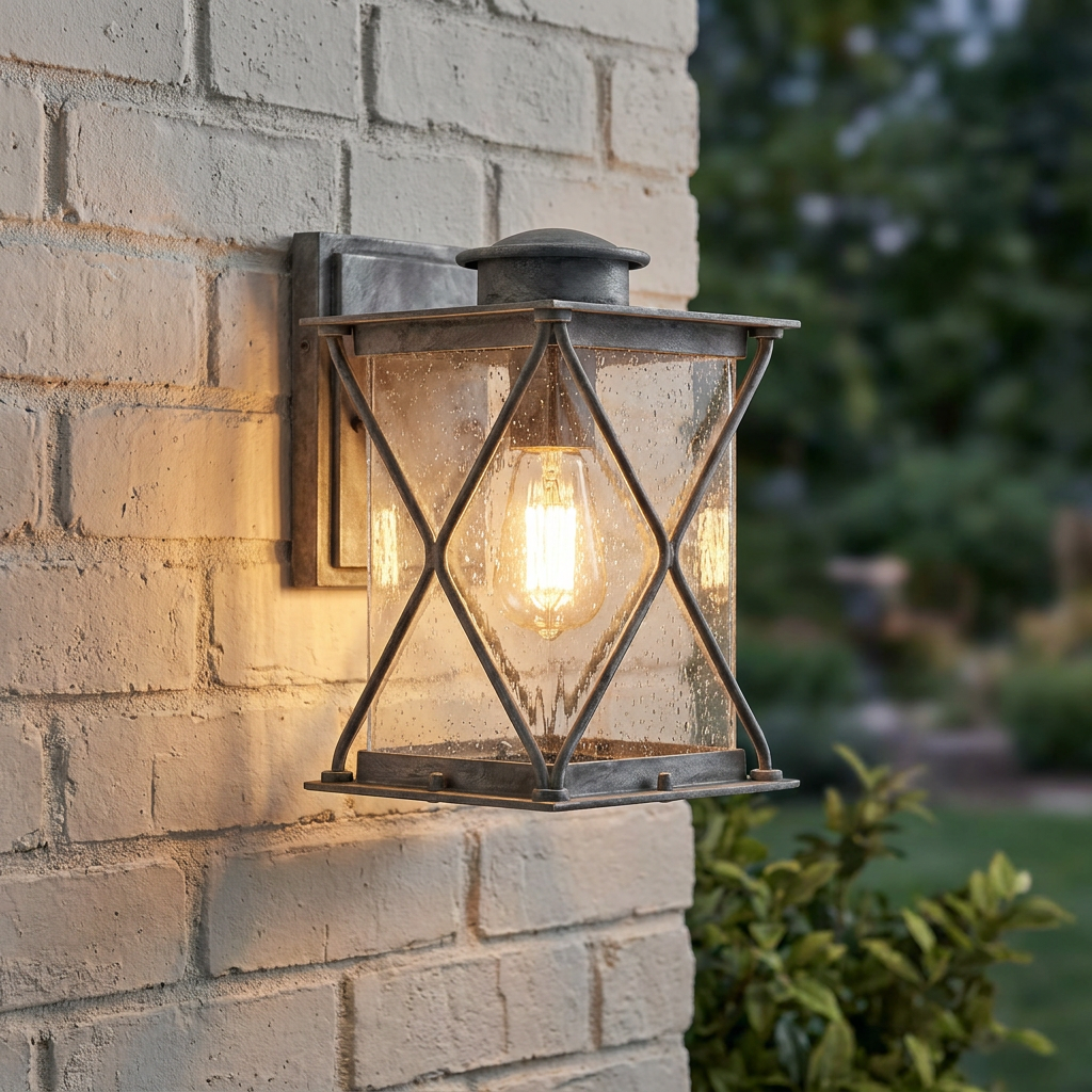 Kichler Argyle Small Zinc Outdoor Wall Light with seeded glass and X-brace design glowing on a white brick wall.