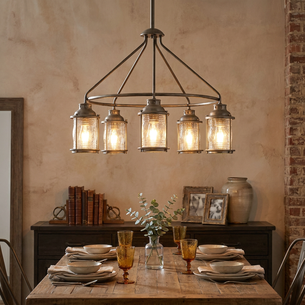 Kichler Ashland Bay 5-light bronze chandelier with seeded glass lanterns illuminating a rustic dining table.