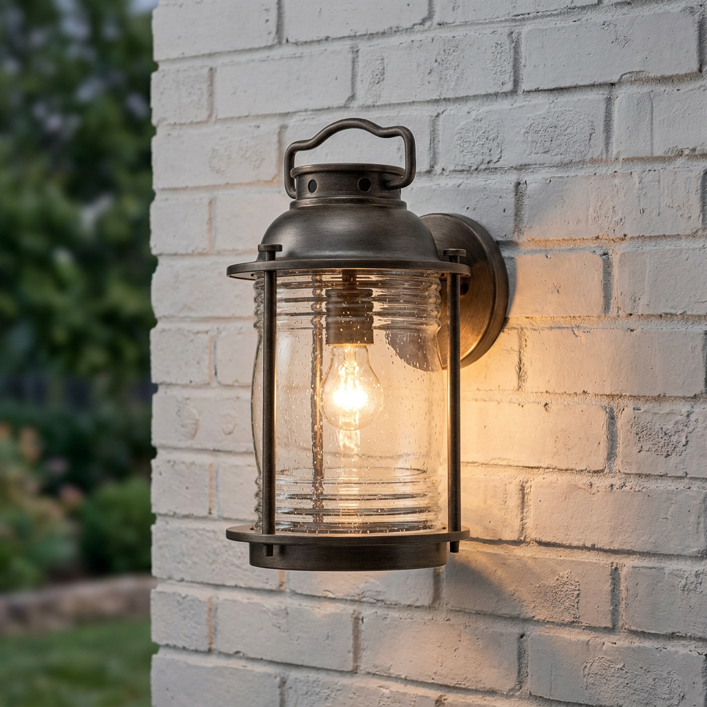 Nautical-style bronze outdoor wall light with seeded glass glowing on a white brick wall.