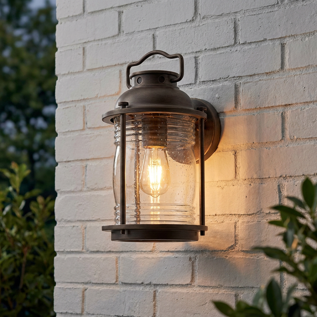 A Kichler Ashland Bay bronze outdoor lantern with seeded glass, glowing on a white brick wall.