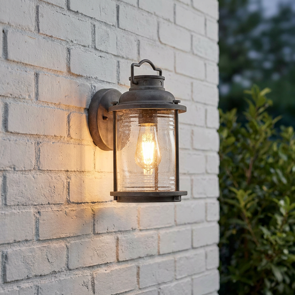 Weathered zinc outdoor wall lantern with seeded glass and a warm glowing bulb, mounted on a white brick wall.