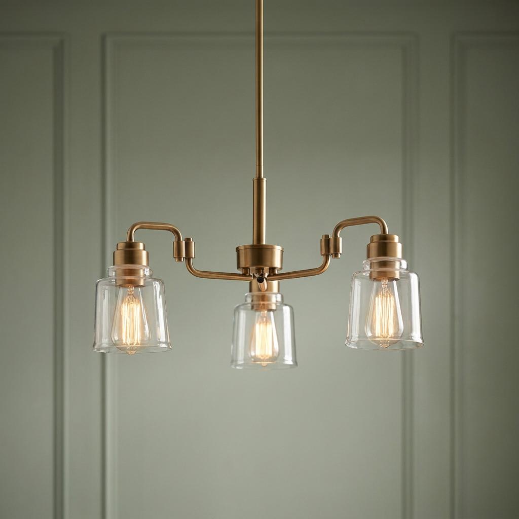 Kichler Avian three-light brass chandelier with clear glass shades and Edison bulbs against a green paneled wall.