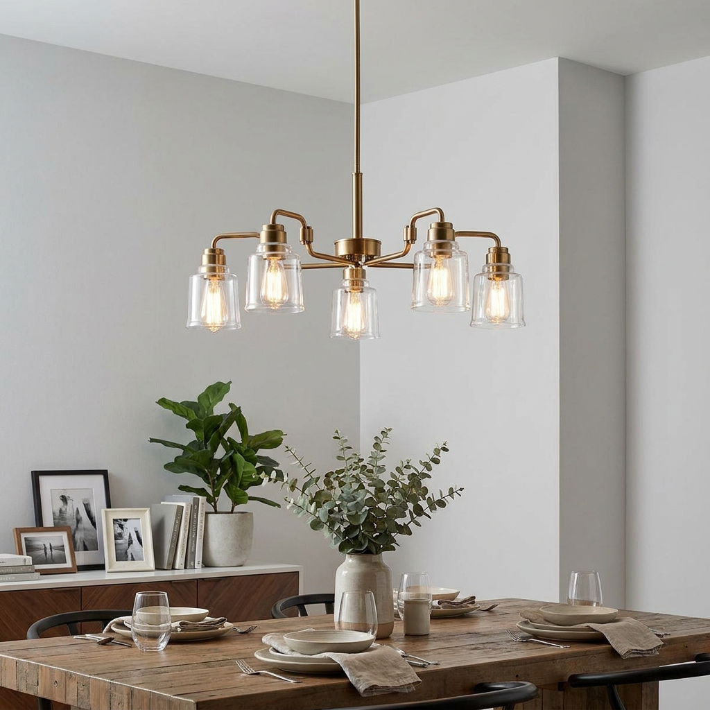Kichler Avian 5-light brass chandelier with clear glass shades over a modern dining table.