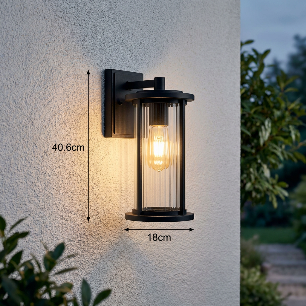 Black outdoor wall lantern with fluted glass and warm light, mounted on a textured white exterior wall.