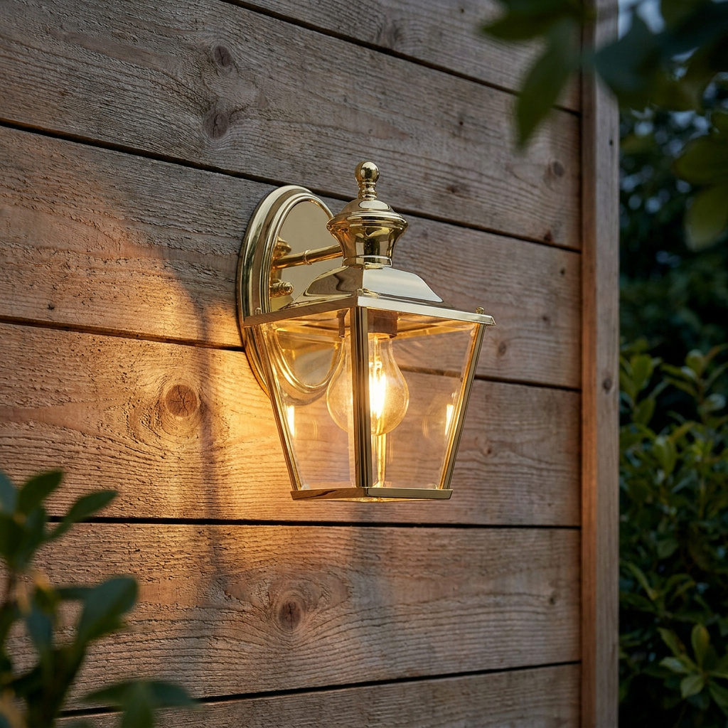 Polished brass outdoor lantern casting a warm glow on a rustic wooden wall.