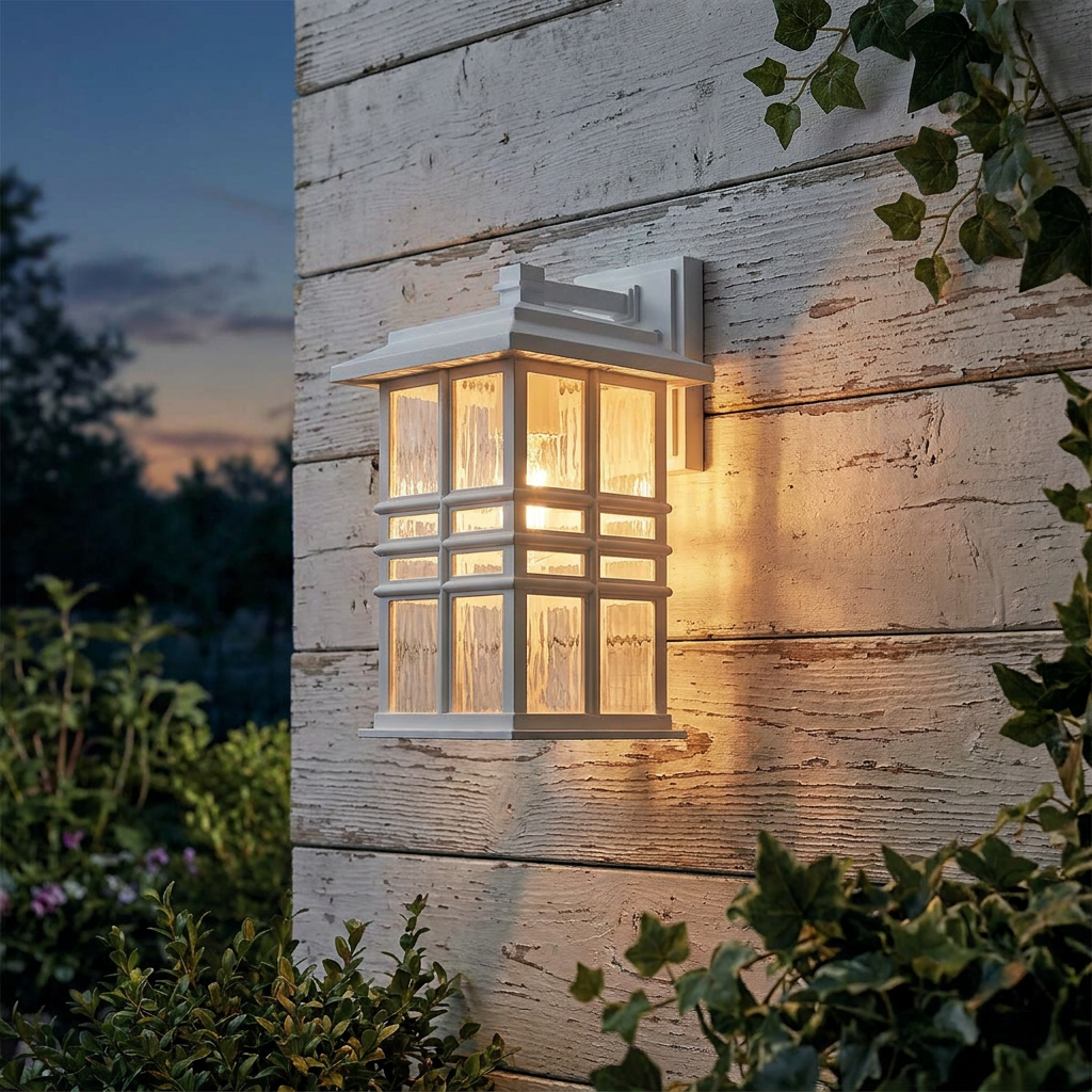A white Kichler Beacon Square outdoor wall light glows on a weathered wooden wall at twilight.