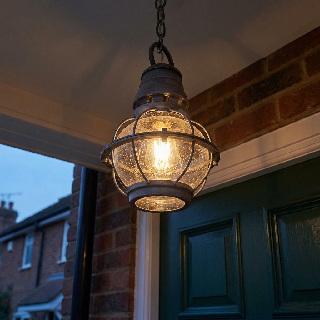 Kichler Bridge Point nautical outdoor pendant in weathered zinc with seeded glass, lit above a green front door.