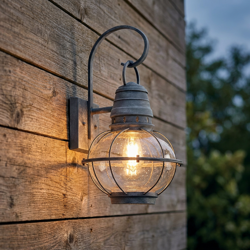 A lit nautical-style outdoor wall light with a weathered zinc finish and seeded glass globe on a wooden wall.