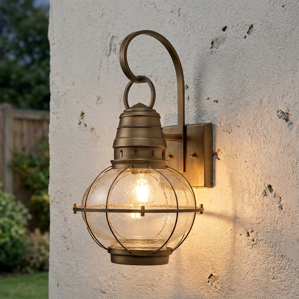 Nautical brass outdoor wall lantern with a seeded glass globe and cage, illuminated on a textured exterior wall.