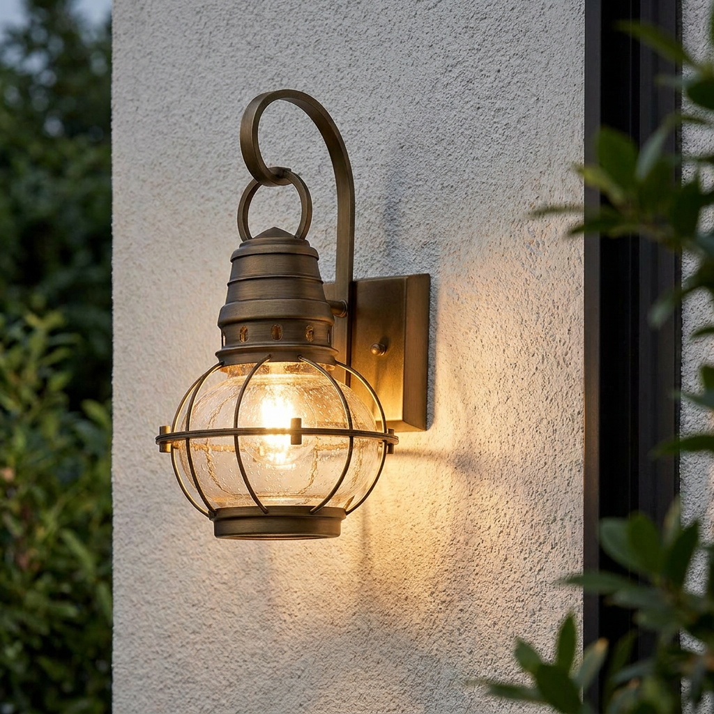Nautical brass lantern with a caged glass globe casting a warm glow on a textured white exterior wall.
