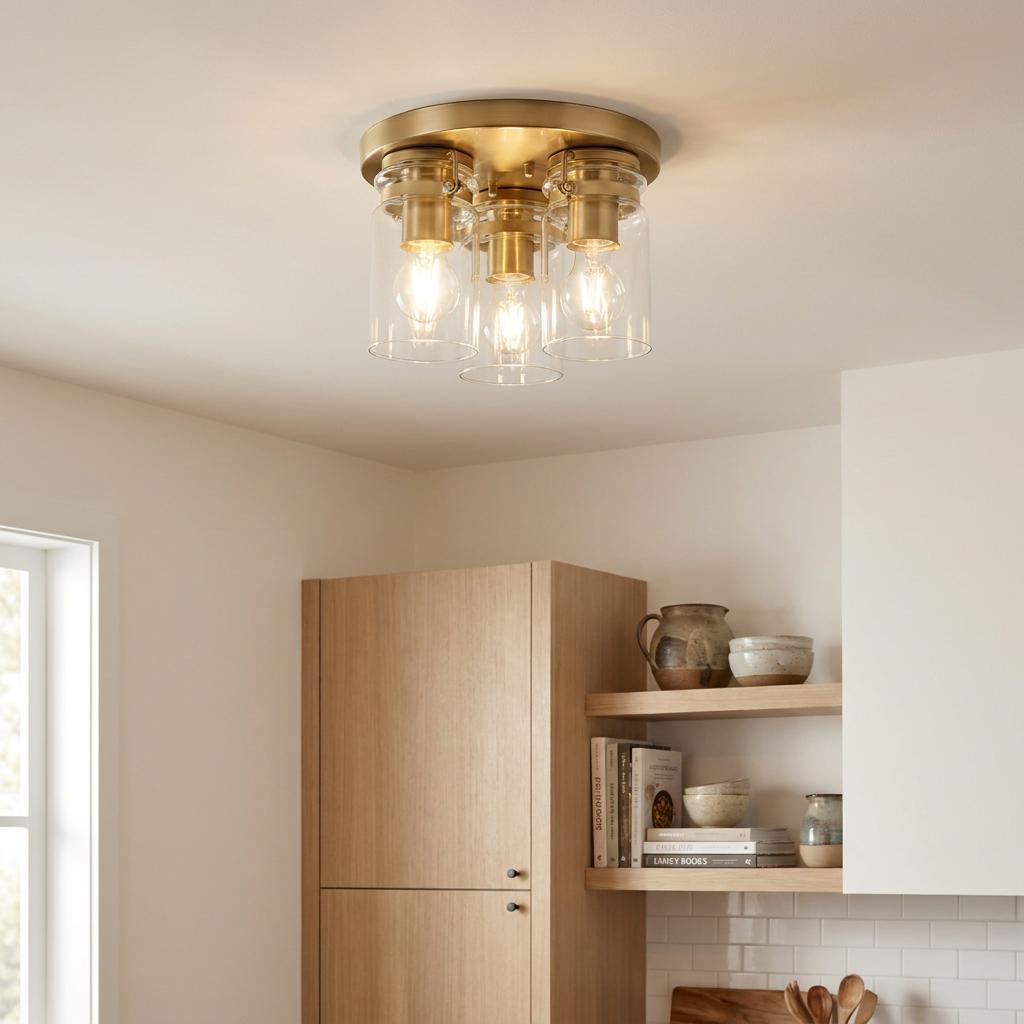 Brass three-light flush mount with clear glass cylinders illuminates a modern kitchen with light wood cabinetry.