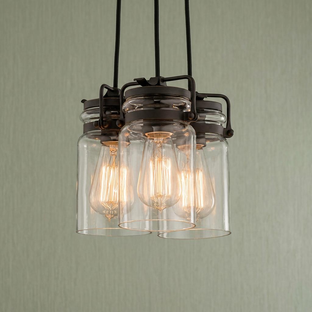 Industrial 3-light bronze ceiling pendant with clear glass jar shades and glowing vintage filament bulbs.