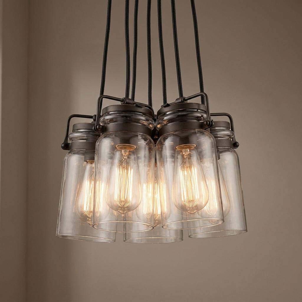 Six bronze mason jar pendant lights with glowing Edison bulbs clustered against a neutral wall.