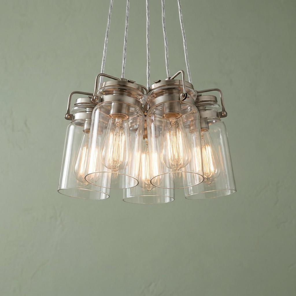 Kichler Brinley 6-light brushed nickel cluster pendant with clear glass jar shades and glowing Edison bulbs.