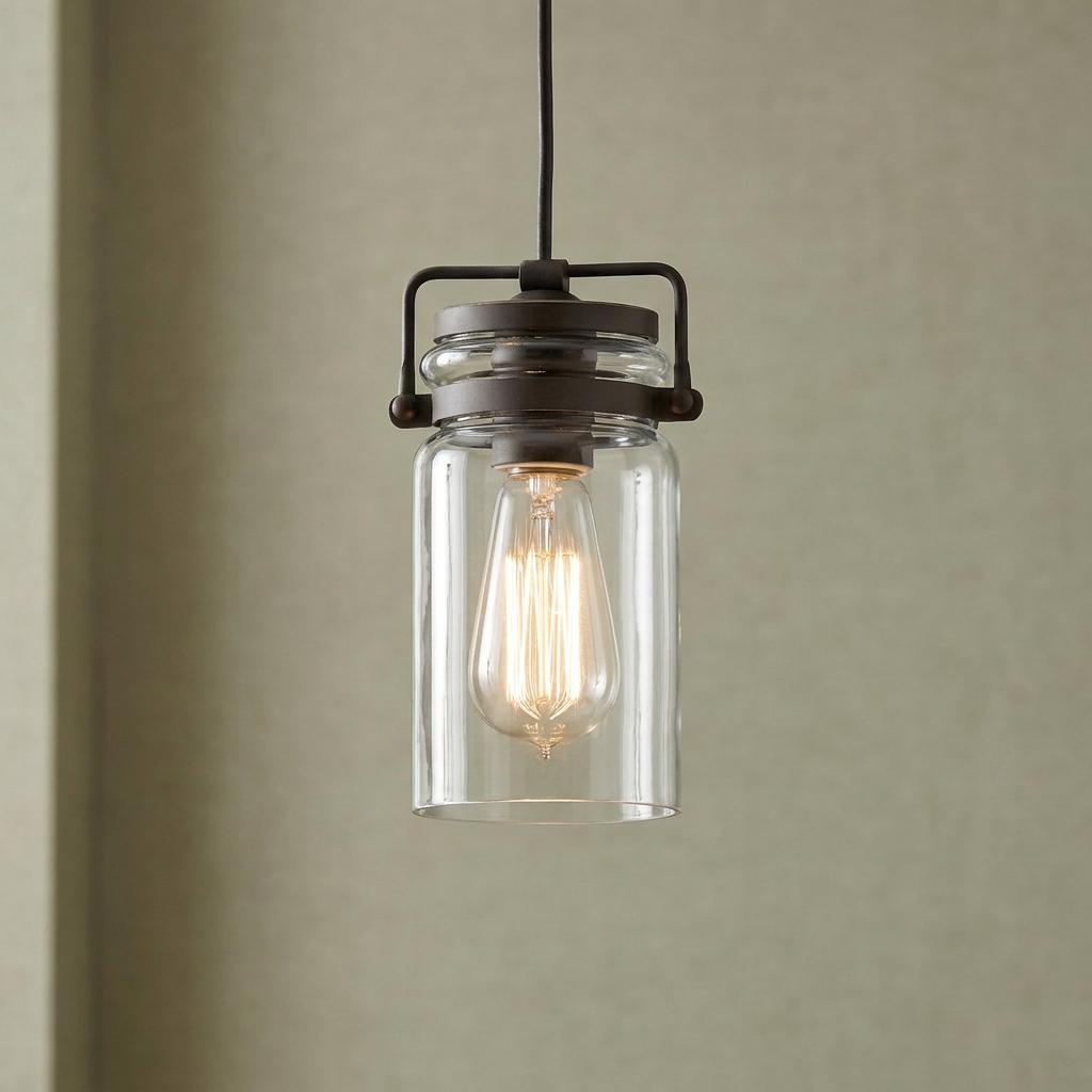 Kichler Brinley mini pendant light with Olde Bronze finish and clear jar glass shade housing a warm Edison bulb.