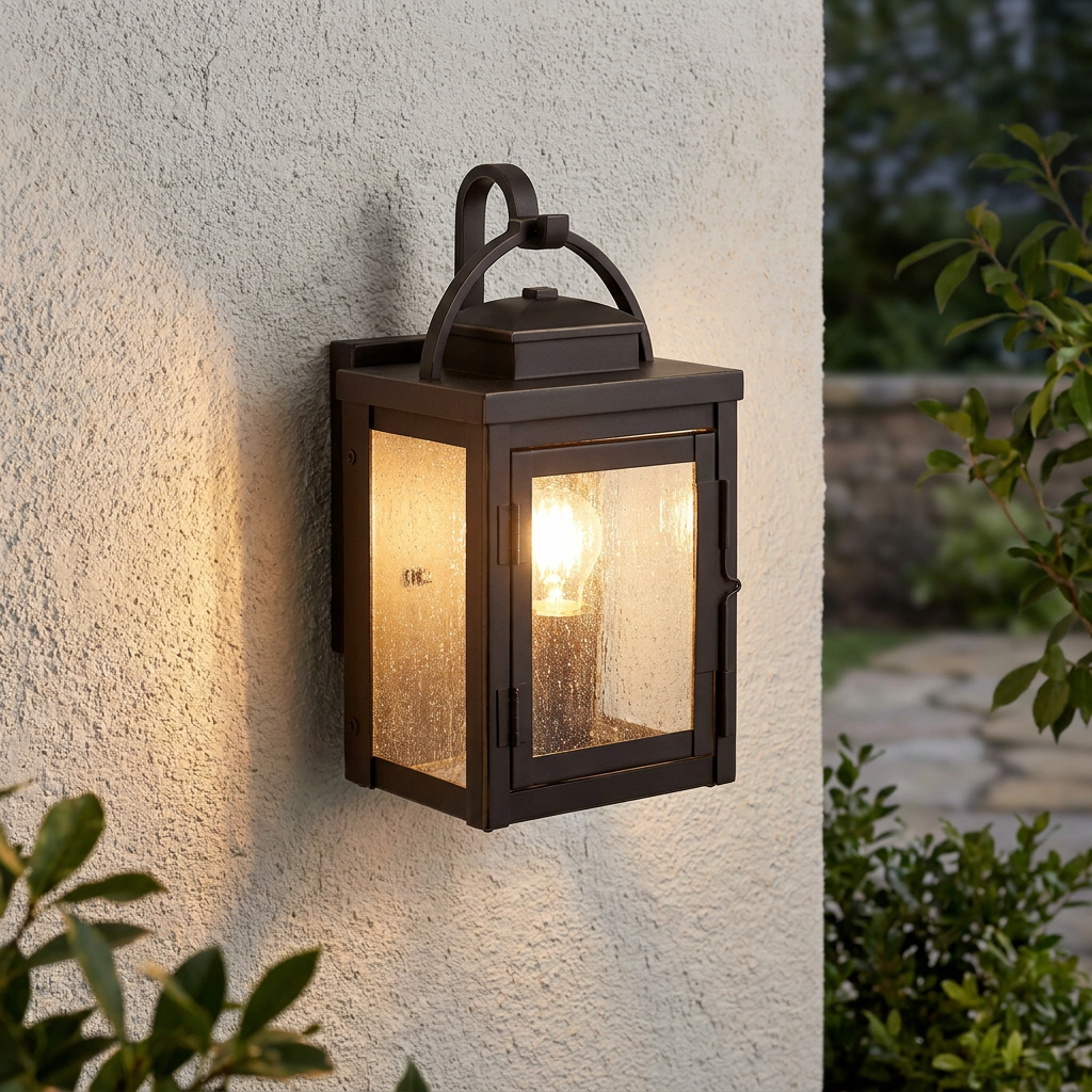 Bronze outdoor wall lantern with seeded glass and a warm light, mounted on a textured exterior wall.