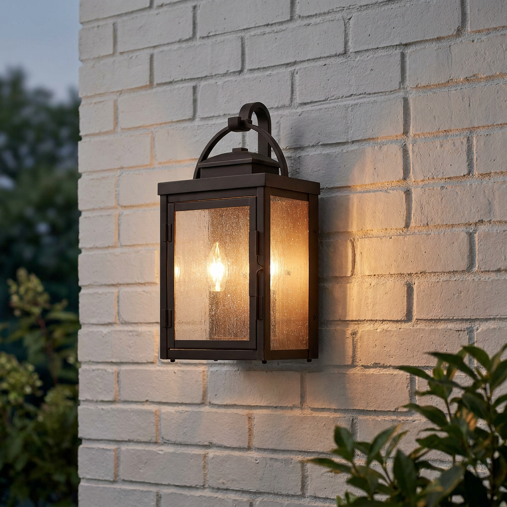 Bronze lantern outdoor wall light with seeded glass panels glowing on a white brick wall.