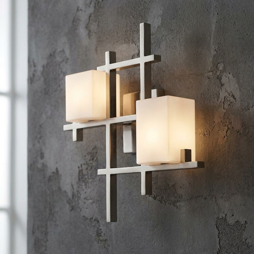 Modern brushed nickel wall sconce with geometric grid and two frosted glass shades on a textured grey wall.