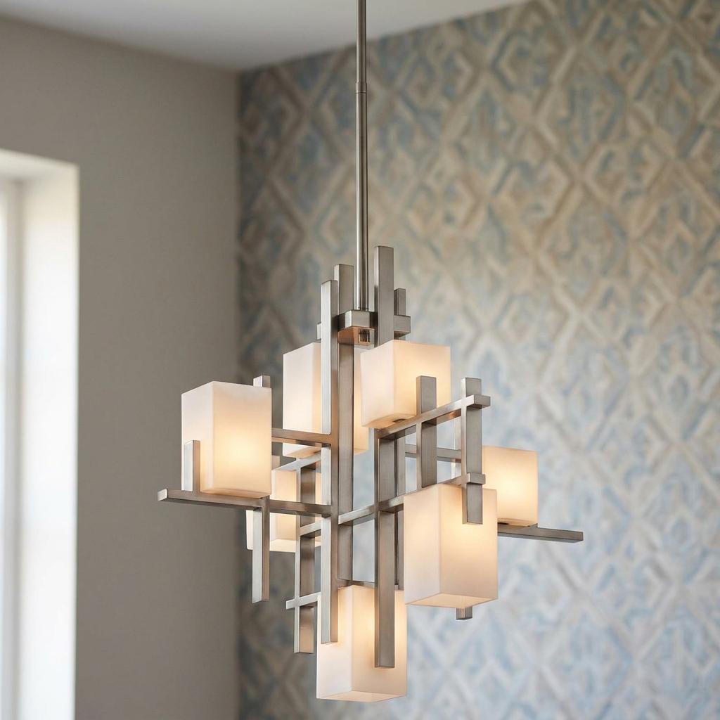 Kichler City Lights 7-light pewter chandelier with geometric cuboid shades against a patterned wallpaper background.