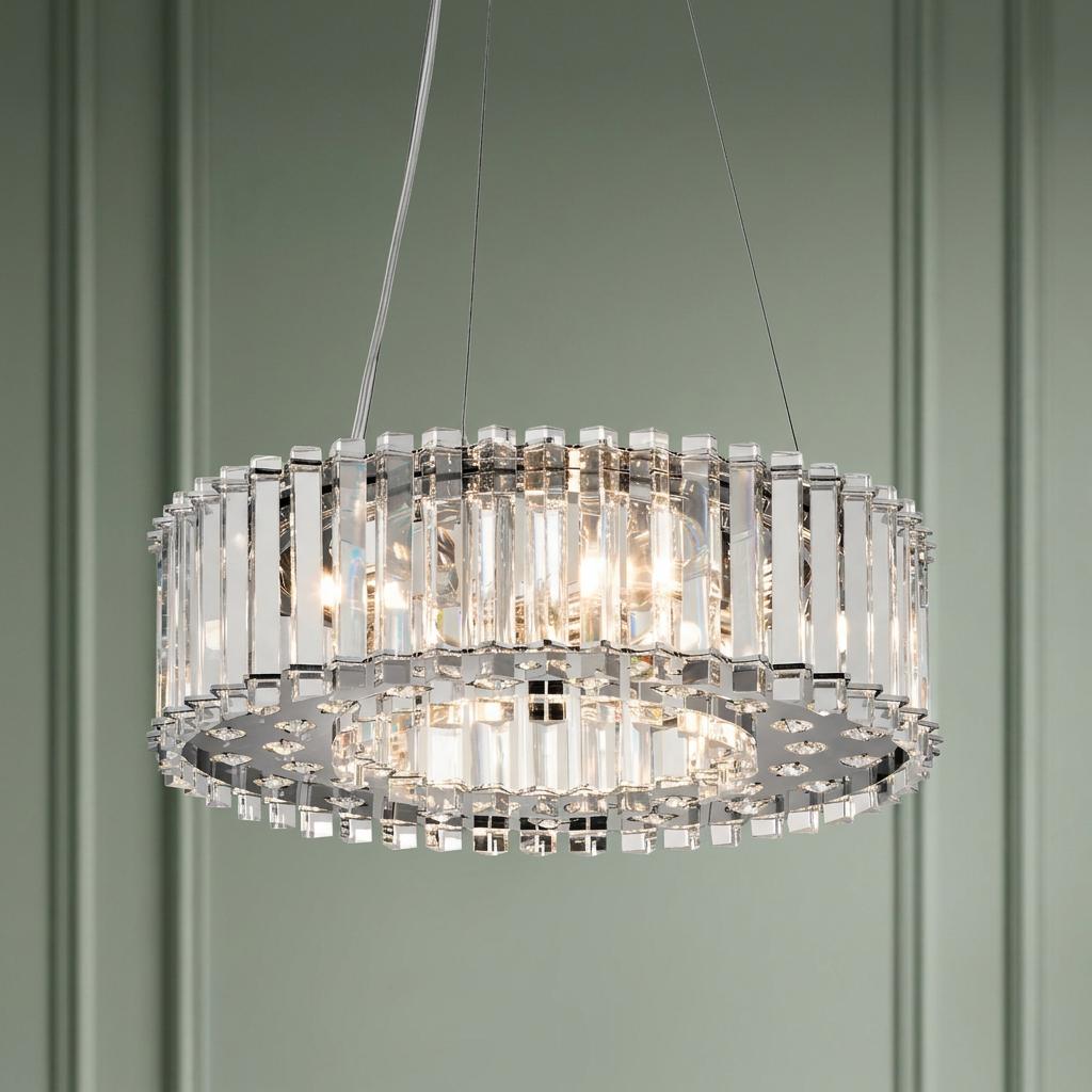 Circular crystal pendant light with vertical glass prisms and a chrome frame, glowing against a sage green paneled wall.