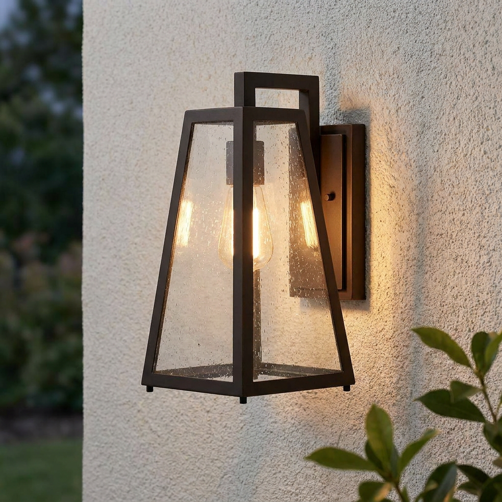 Bronze outdoor wall lantern with seeded glass and an Edison bulb mounted on a textured white wall.