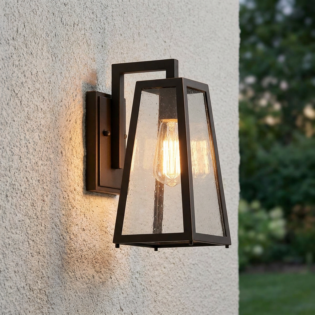 Bronze outdoor wall light with seeded glass and a glowing Edison bulb on a textured exterior wall.